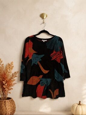 Chico's Abstract Floral Leaf Print Tunic Sweater Size Small Boho Fall